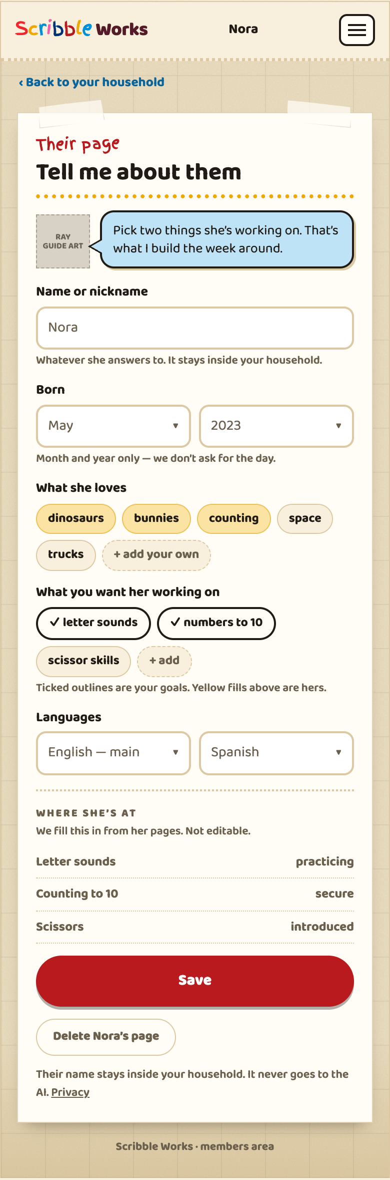 Kid profile wireframe
