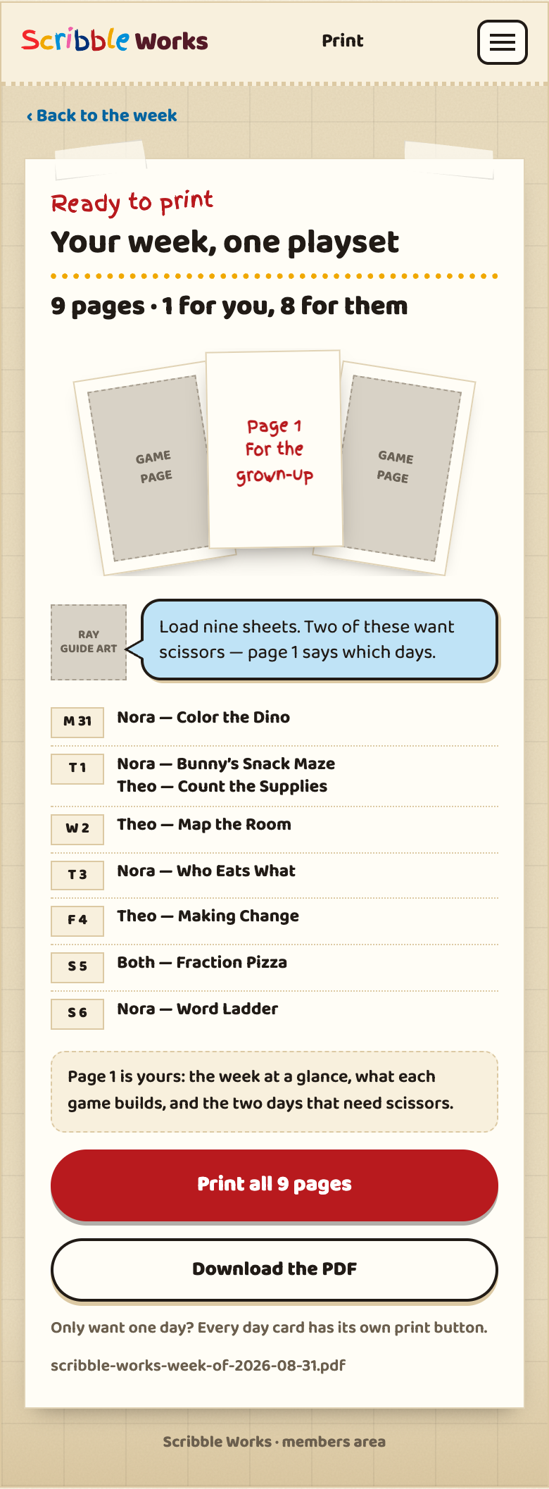 Print the week wireframe